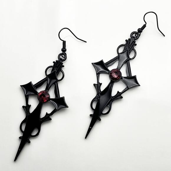 Red Jeweled Black Pointed Cross Earrings - Picture 2 of 3